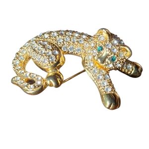 Vintage Gold-Tone Crystal Leopard Brooch with Green Eyes - Women Jewelry